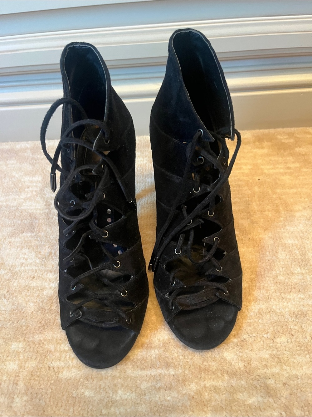 Black Lace-Up Peep-Toe Booties - Women's